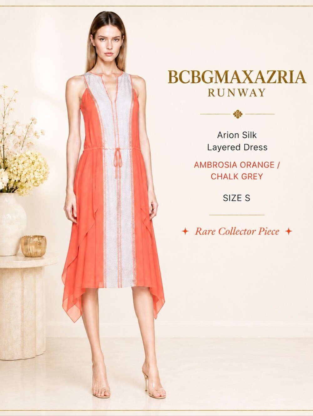 BCBGMAXAZRIA Runway Arion 100% Silk Layered Dress Orange Grey Boho Luxe S
